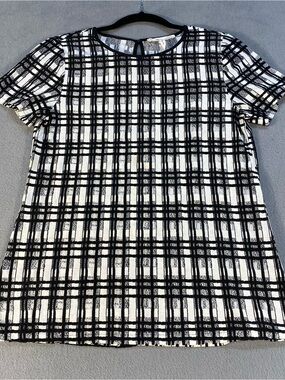 BCBGeneration women’s black & white plaid sheer cutout short sleeves top, size S